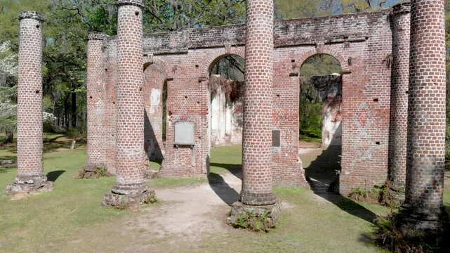 Old Sheldon Church near Beaufort, South Carolina. Aerial view with forest trees