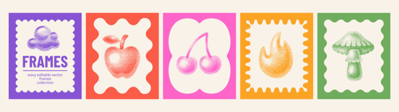 Frame wavy, aura scallop border. Bold edge shape design with blur halftone icons. Square rectangle vector frame. Cute geometric photo with summer grain 3d apple, cherry, fire. Y2k scallop wave frames