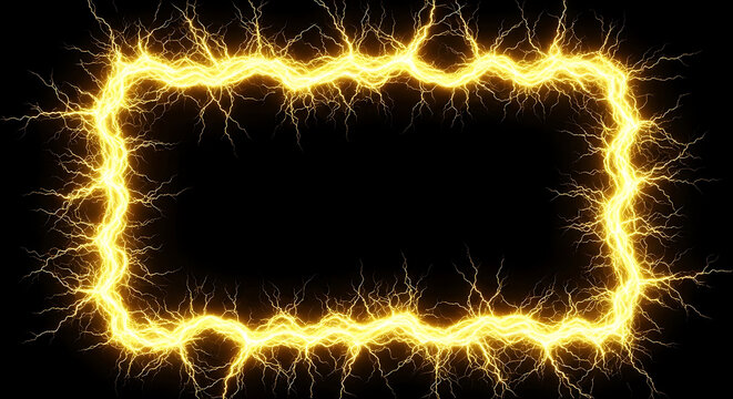 glowing yellow lightning frame sparkling intensely on a dark black background forming a dynamic electric border ideal for high-energy design