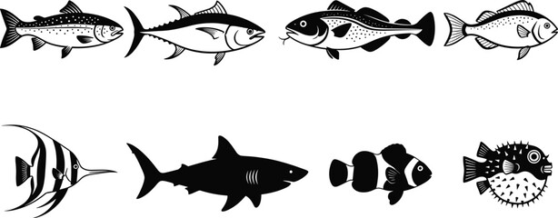 Black vector silhouette set of diverse fish species including shark tuna salmon trout clownfish and pufferfish for seafood restaurant aquarium and ocean nature branding © MostArjuma