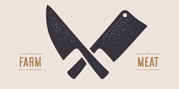 Butcher knives sign. Silhouette butcher knives. Template sign knife, shop market, butchery design, tag label, banner sticker. Butchery symbol, icon logo, sign signage. Vector Illustration
