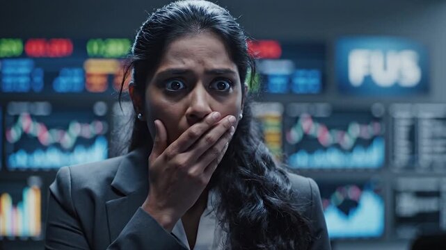 Woman in business suit looking shocked in front of stock market screens.