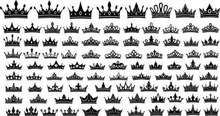 Large black vector silhouette set of diverse royal crowns tiaras and diadem icons for king queen princess branding jewelry design and luxury heraldic logo symbols © MostArjuma