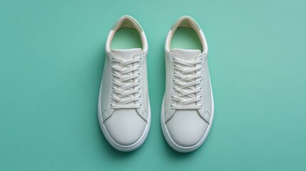 Stylish white sneakers on a vibrant turquoise background showcasing modern footwear design and casual fashion appeal for trendy lifestyle imagery