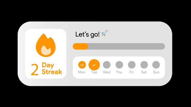 Daily habit tracker interface animation. Progress bar filling up and checkmark appearing for completed task. 7 day streak flame icon. Productivity app widget overlay. MOV, Alpha channel, Transparent 