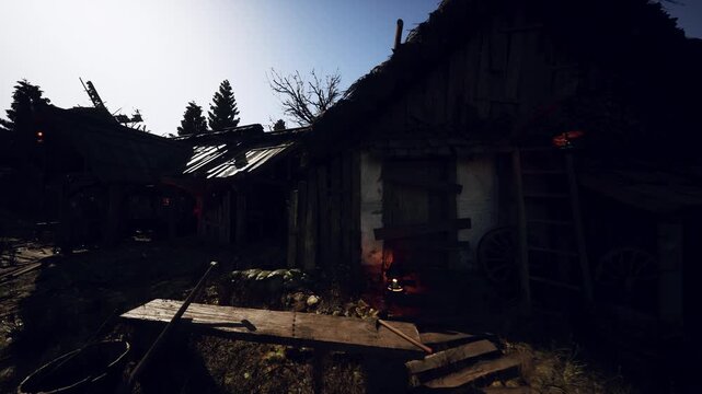 Shadowed farmhouse facade with broken roof, deep silhouettes and encroaching pines, cracked shutters and ember glow near doorway, damp air and overcast sky add