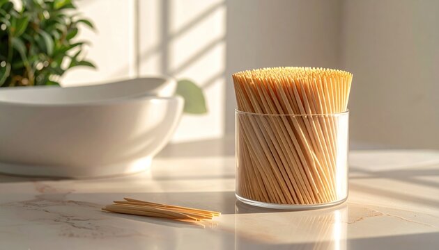 Toothpicks in a Glass Jar on a Marble Countertop with Plant.