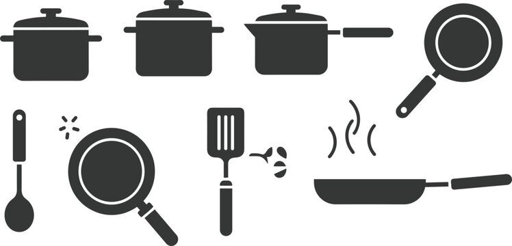 Kitchen cookware and frying pan silhouettes set, black vector icons with cooking pots, saucepans, spatulas and steaming pans isolated on white background.