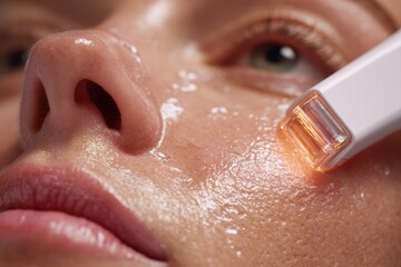 Fototapeta premium Macro Closeup of Cosmetic Laser Skin Rejuvenation Procedure on Female Face with Cooling Gel