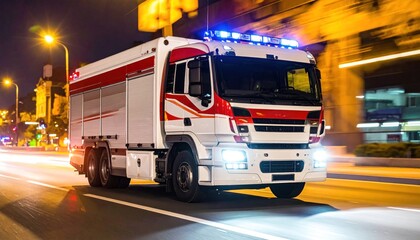 Fire truck with flashing lights driving at night on a city street.