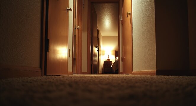 Nighttime Interior Hallway: Dim Light and Silence