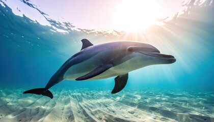 Obraz premium A Dolphin Swims Gracefully Underwater in the Sunlit Ocean.