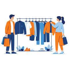 Shopping couple choosing clothes from a display rack