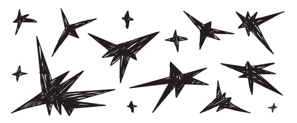 Charcoal stars twinkles. Sparks sketches with chalk-like texture. Hand-drawn black doodle space elements. Blinks illustrations, stickers graphic designs. Vector linocut bling stars elements isolated.