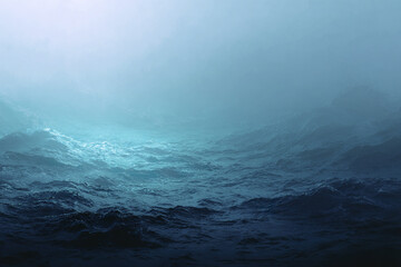 Fototapeta premium Ocean water surface with waves under misty light, creating mysterious and calm atmosphere with gradient shades of blue and turquoise