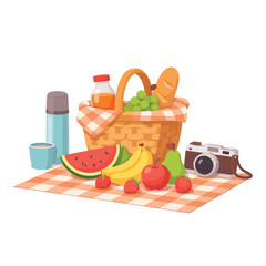 Picnic basket with food and drinks