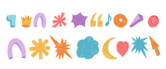 Fototapeta premium Kids abstract geometric crayon stickers. Kindergarten abstract figures hand drawn scribbles set. Music note, asterisk, stars, heart stickers. Vector naive pastel illustration isolated no background.