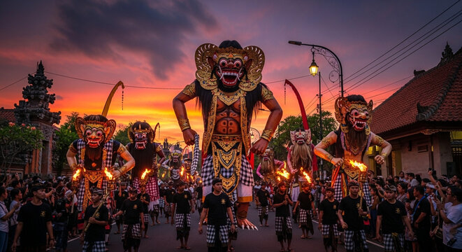 Traditional Ogoh Ogoh Giant Demon Effigy Parade During Balinese Hindu New Year Sunset Celebration