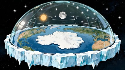 Conceptual flat earth model under a glass dome surrounded by ice and water © Dzikri Design