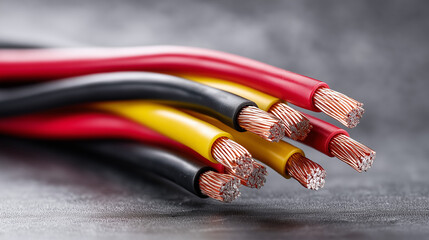 Obraz premium Electrical copper wires with red, black, yellow insulation. Industrial power cable detail for an engineer. Energy, conductor, connection concept.