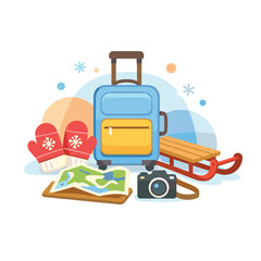 Winter travel essentials including suitcase and sled