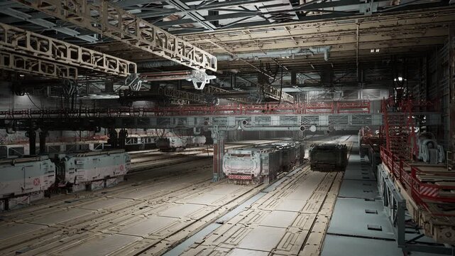 busy service bay atmosphere with parked trains and maintenance platforms, ladders and tool trolleys arranged near cars, overhead cranes and piping visible,