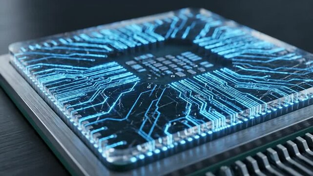 Close-Up Microchip on Circuit Board with Glowing Data Pathways, Advanced Computing Concept