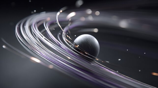 Abstract cosmic scene featuring a spherical object with retrograde orbit arrows spiraling around it, showcasing high fidelity and vibrant colors in a captivating visual experience