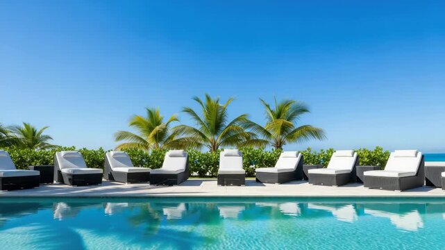 Poolside lounge chairs with palm trees under clear blue sky