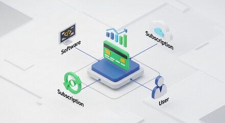 A vector graphic illustrating a software subscription service with a user interface