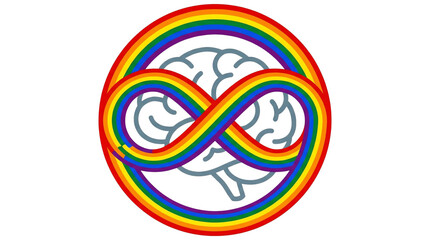 Obraz premium Circular design featuring a brain and a rainbow infinity loop, symbolizing neurodiversity, autism acceptance, and continuous support.