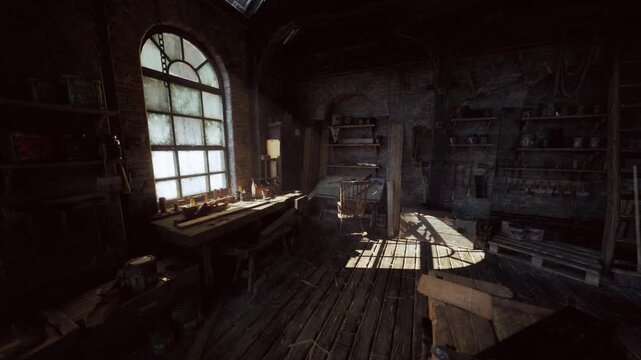 sunlit rustic woodshop with dusty floor and arched window casting patterned light across worn bench, scattered planks and hand tools, ladder leaning