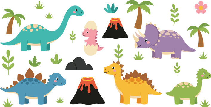 Flat vector illustration set of cute prehistoric dinosaurs including brachiosaurus triceratops stegosaurus and baby dinosaur with volcanoes palm trees and tropical leaves.