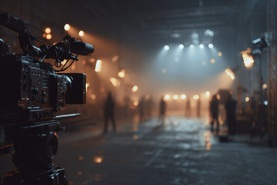 Professional cinema camera on tripod in dimly lit film studio with blurred crew and bright stage lights creating moody atmosphere for movie production and behind scenes filming setup