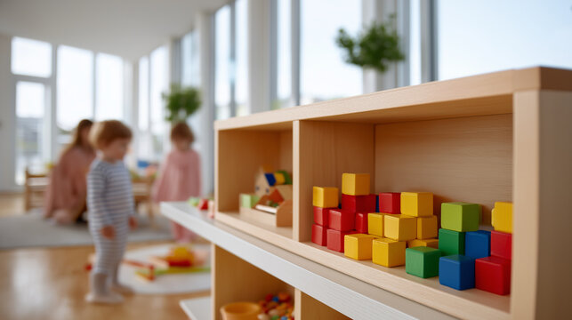 Wooden shelves filled with colorful toy blocks with children playing in the blurry background. Kindergarten educational environment concept.