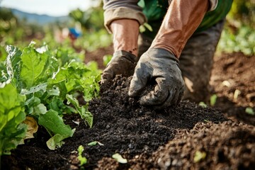 Fototapeta premium Farmer wearing gloves works with rich dark soil in vegetable garden, nurturing healthy green plants under natural sunlight in outdoor farm setting