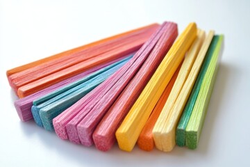 Fototapeta premium Pile of multicolored wooden sticks arranged on white surface, showcasing vibrant colors and natural texture with bright and cheerful appearance