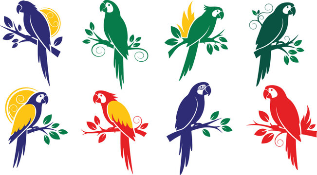 Colorful parrot silhouettes sitting on tree branches set, vector illustrations of macaws and tropical birds with leaves and sun symbols isolated on white background.