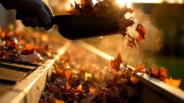 Person cleaning leaves from gutter on house during autumn