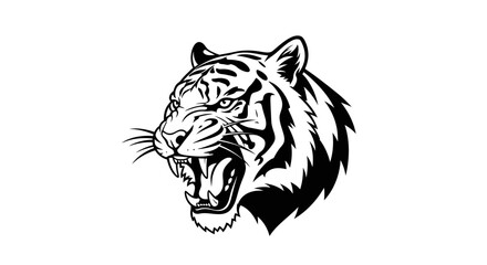 Obraz premium Fierce black and white illustration of a roaring tiger head with open mouth and sharp teeth, depicting power and aggression.