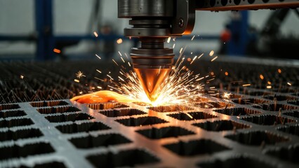 An industrial metal production plant utilizes advanced laser technology and machine equipment as a factory worker performs welding repairs on steel engine components for the automotive business