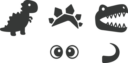 Cute dinosaur silhouettes and prehistoric elements set, black cartoon icons with T-Rex, stegosaurus plates, scary dino head and monster eyes isolated on white background. © MdMunzurul