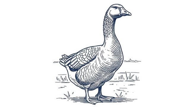Single domestic goose standing in a meadow with sparse grass in a classic blue engraving style on a white background. Concept of poultry farming and rural nature