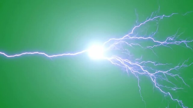 Vibrant purple lightning bolt striking across a solid green background. Realistic electrical discharge, power surge, and weather phenomenon for video compositing and special effects design.