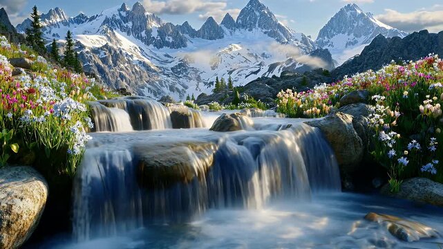 A serene waterfall cascades down rocky steps surrounded by vibrant wildflowers in a picturesque mountain landscape