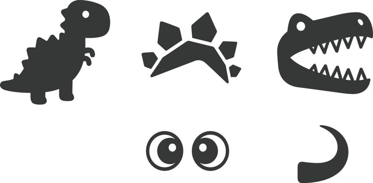 Cute dinosaur silhouettes and prehistoric elements set, black cartoon icons with T-Rex, stegosaurus plates, scary dino head and monster eyes isolated on white background.