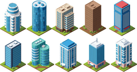 Flat isometric vector illustration set of modern office buildings and city skyscrapers with glass windows and blue facades isolated on white background. © Aminul