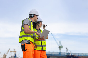 Engineers in safety vests collaborating on a technical project inspection with heavy cranes in the background, Technical team in hardhats managing site operations using digital devices at port