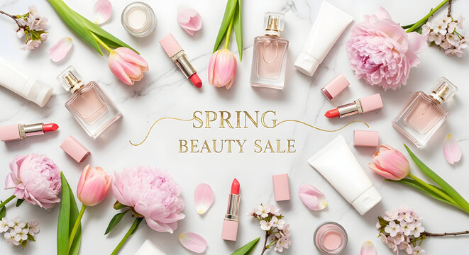 Spring beauty essentials flat lay with tulips and cosmetics