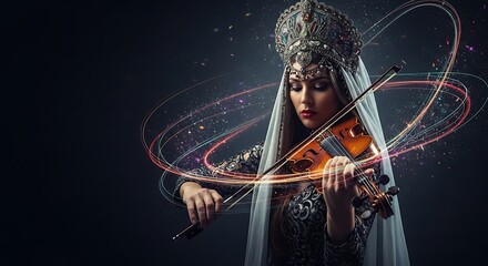 Elegant Woman Playing Violin in Mystical Atmosphere